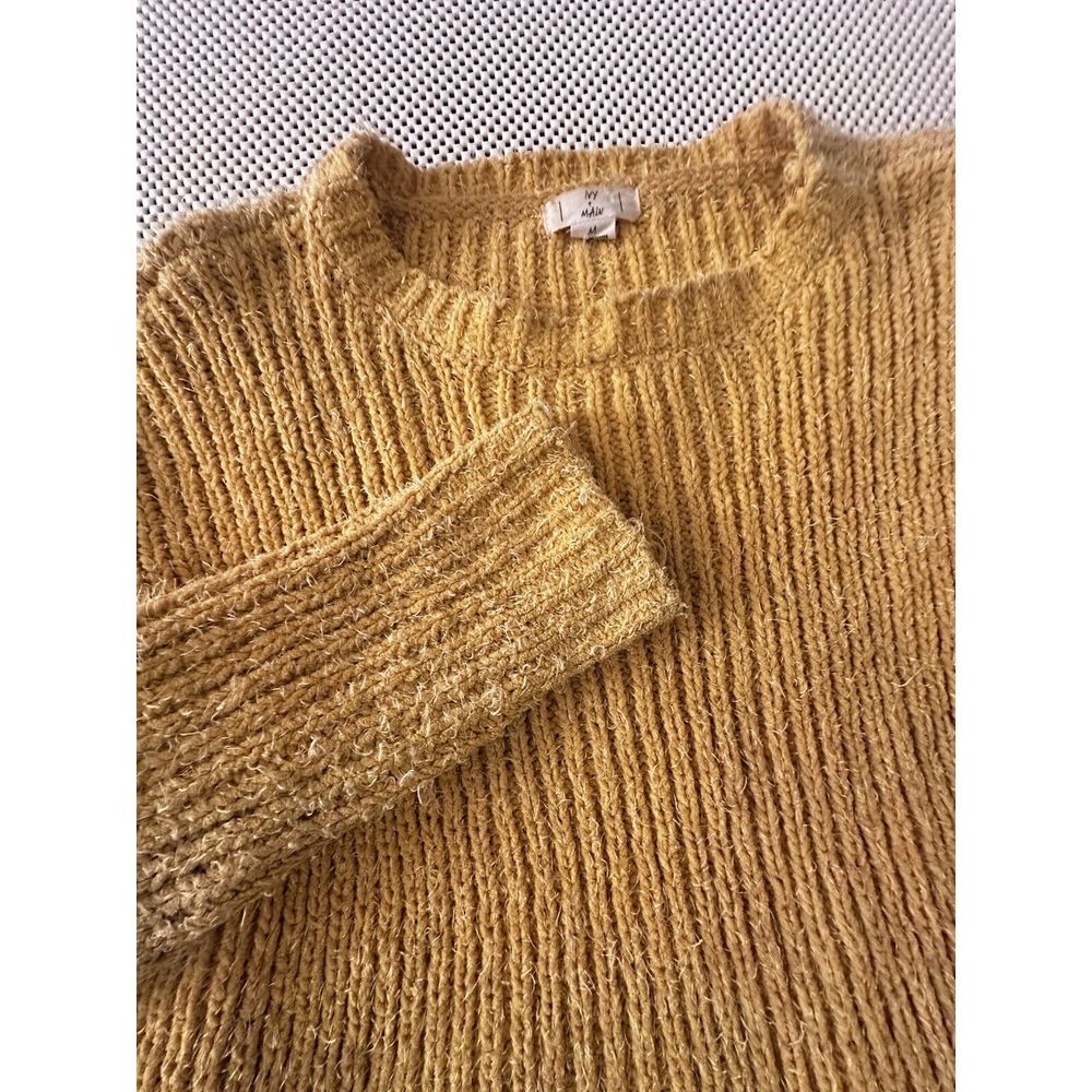 Ivy + Main Mustard Yellow Sweater Women‎ Sz M Ribbed Knit Chunky Crew Neck Hairy